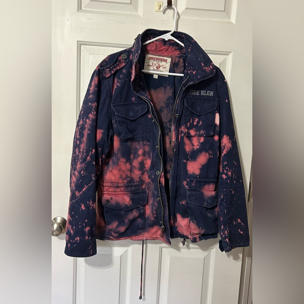 True Religion World Tour Utility Jacket Medium Navy Pink Distressed Y2K Flaw